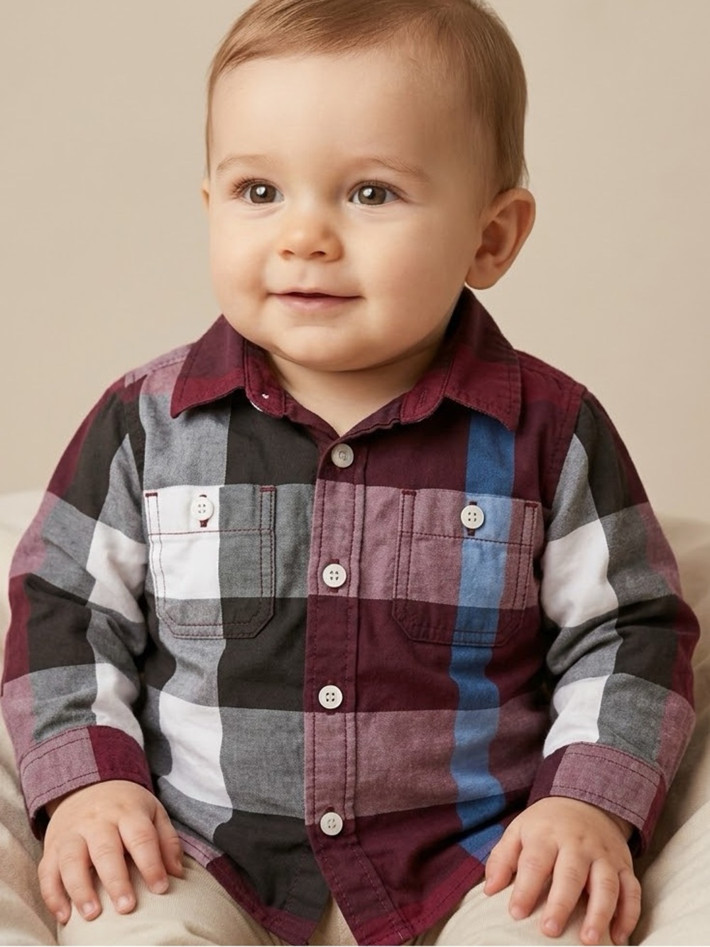 Burberry Baby Classic Plaid Button-Down in Burgundy, Blue Black & White size 9M